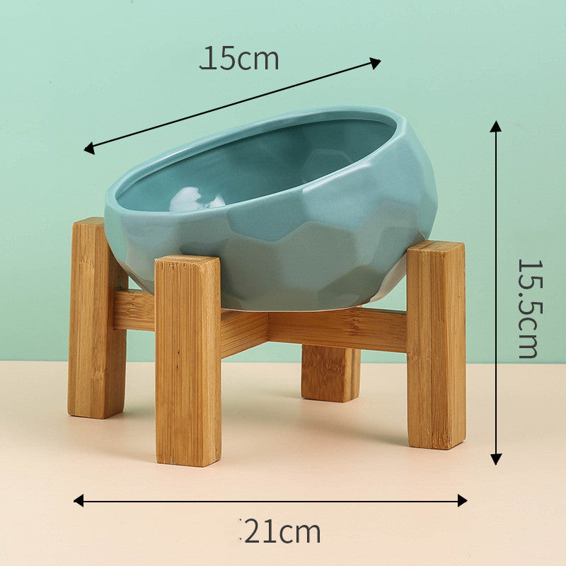 Elevated Tilted Cat Bowl – Ceramic Feeding Dish with Wooden Stand