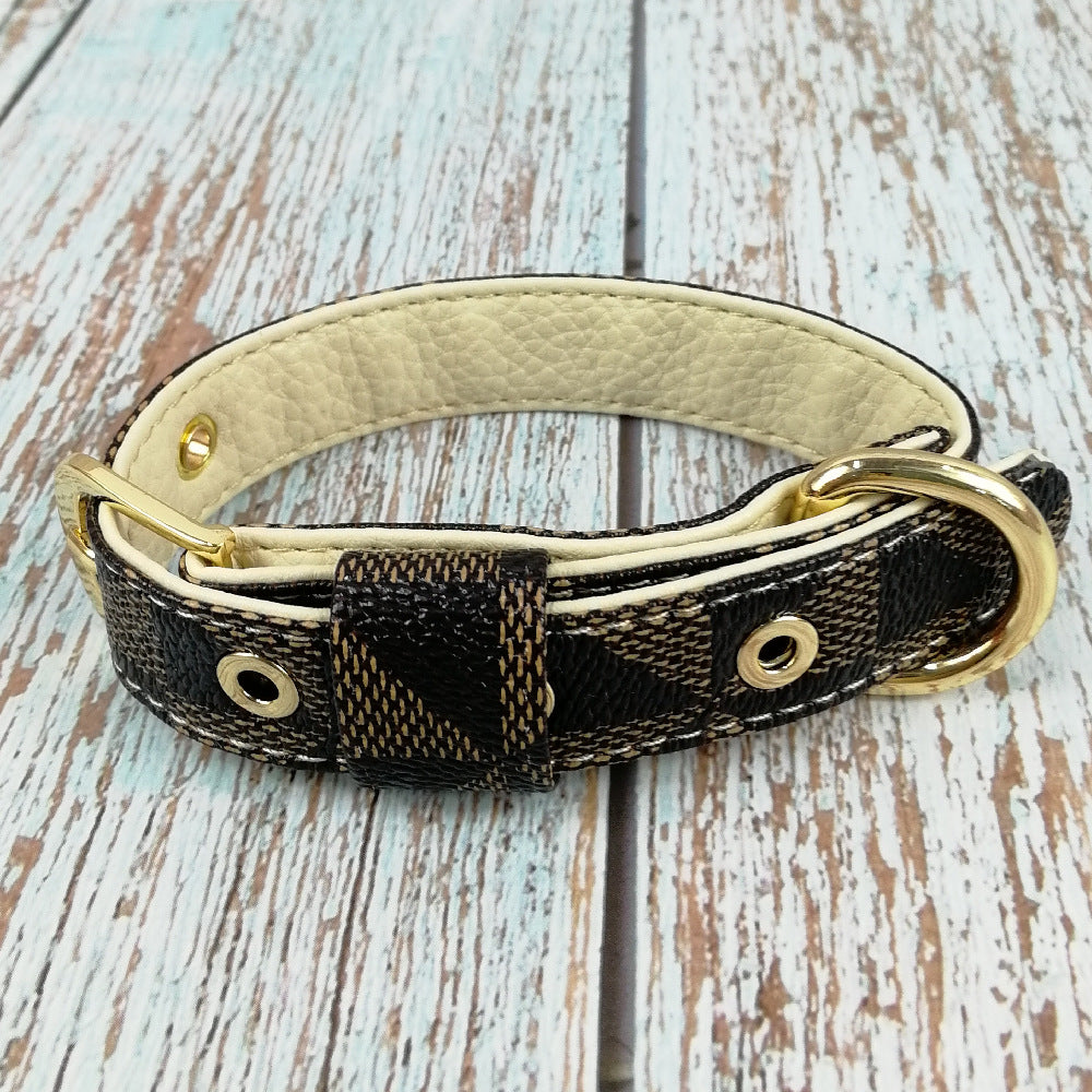 Japanese Style Plaid Leather Dog Collar and Lead Set