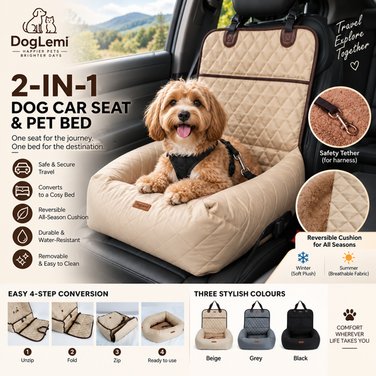 2-in-1 Dog Car Seat & Pet Bed – Foldable Padded Travel Seat with Reversible Cushion & Safety Tether
