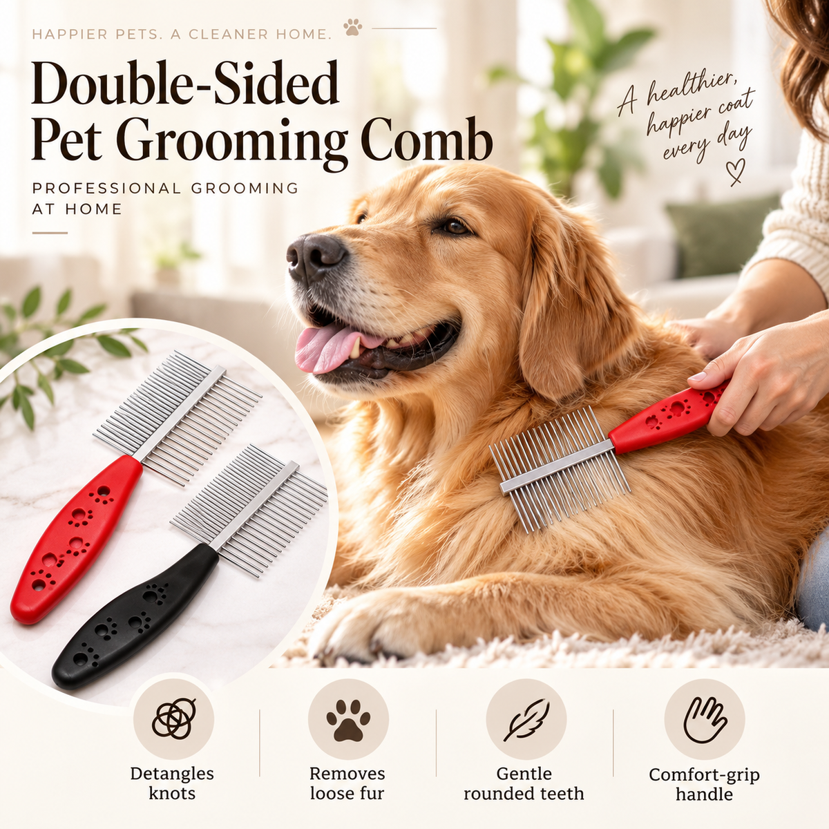 Double-Sided Pet Grooming Comb – Stainless Steel Detangling Comb for Dogs & Cats