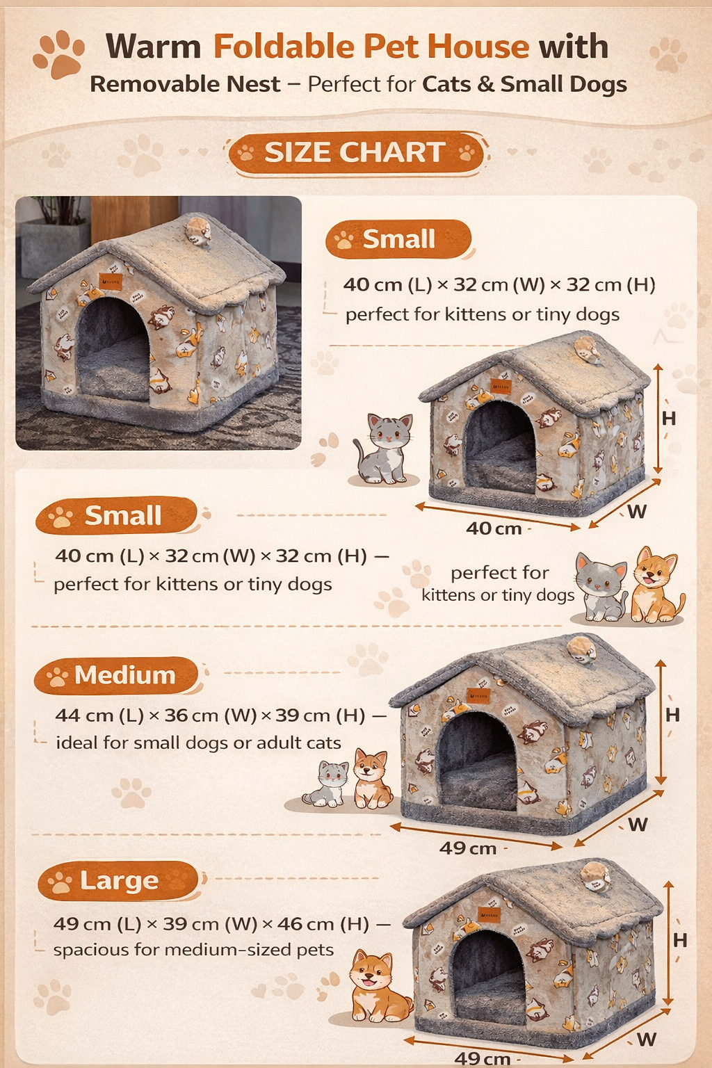Warm Foldable Pet House with Removable Nest – Perfect for Cats & Small Dogs